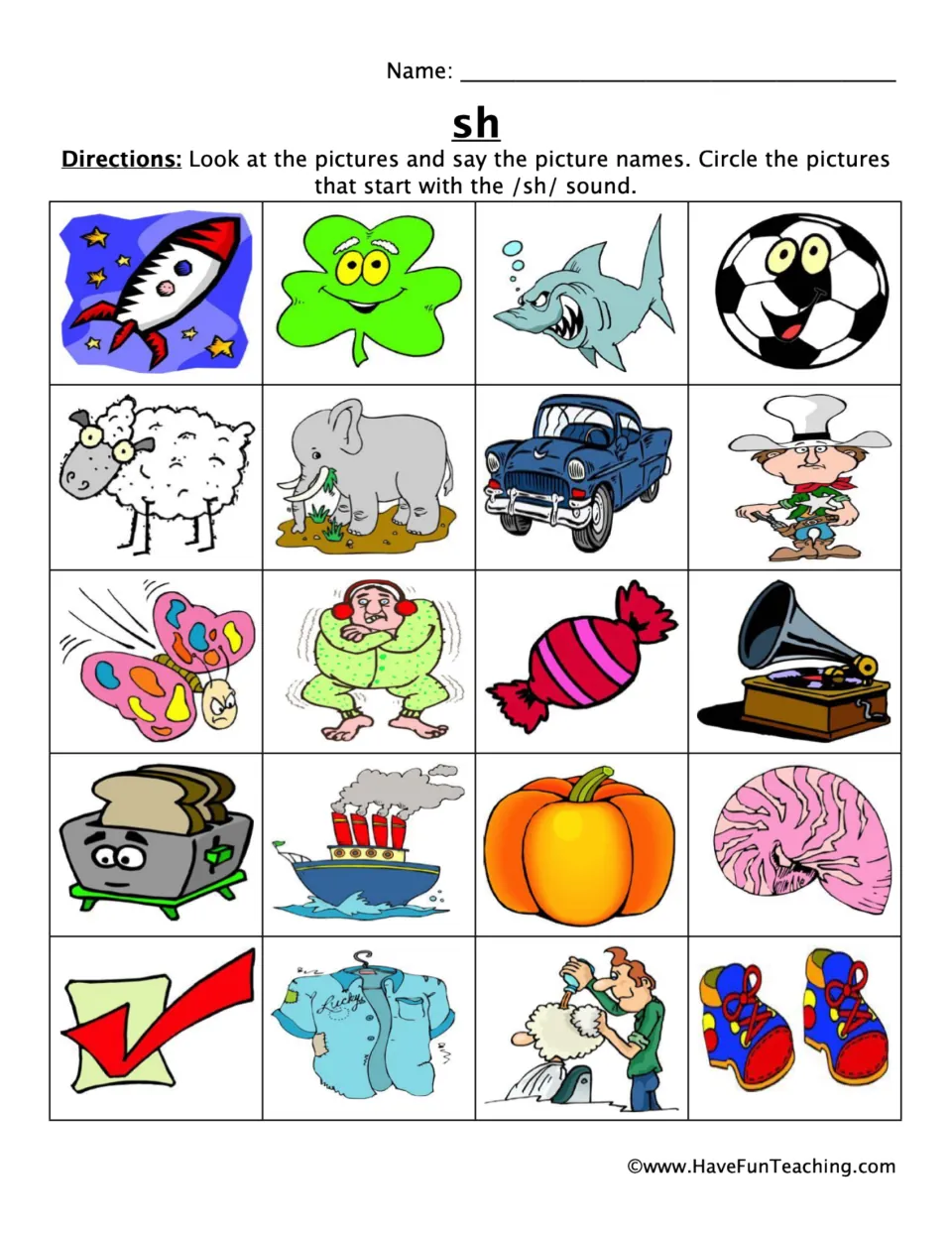 SH sound practice: circle pictures beginning with /sh/ among 20 images, including a shark, sheep, and ship