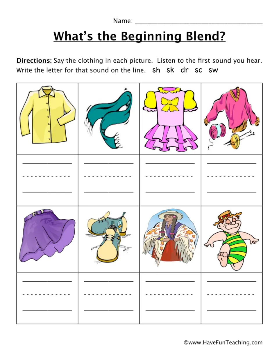 What's the Beginning Blend? Students name 8 clothing pictures and write the sh, sk, dr, sc or sw blend for each