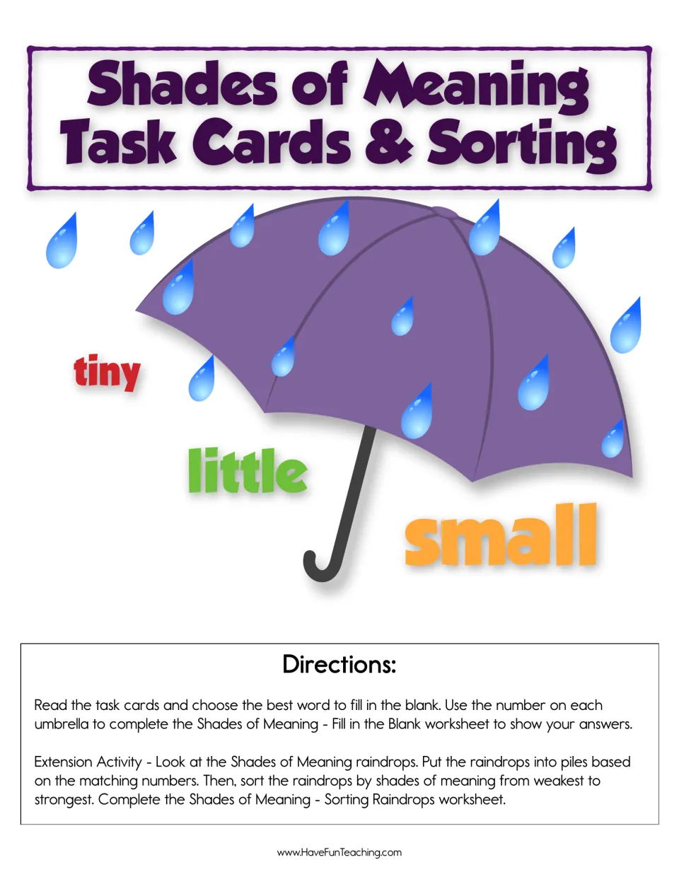 Shades of Meaning Task Cards & Sorting cover with tiny, little, small umbrella art and directions for both activities