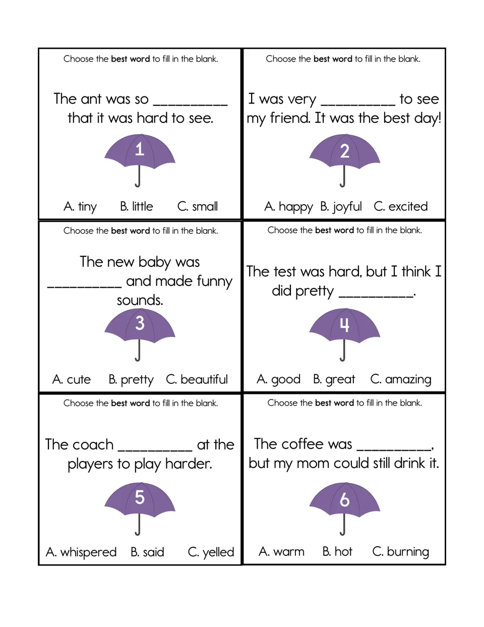 Task cards 1-6: students choose the best word for each sentence blank, e.g. tiny, little or small for a hard-to-see ant