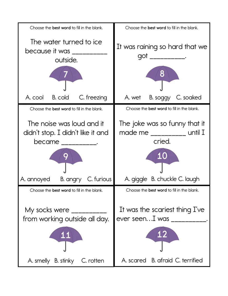 Task cards 7-12: students pick the best-fitting word, such as cool, cold or freezing for water turning to ice