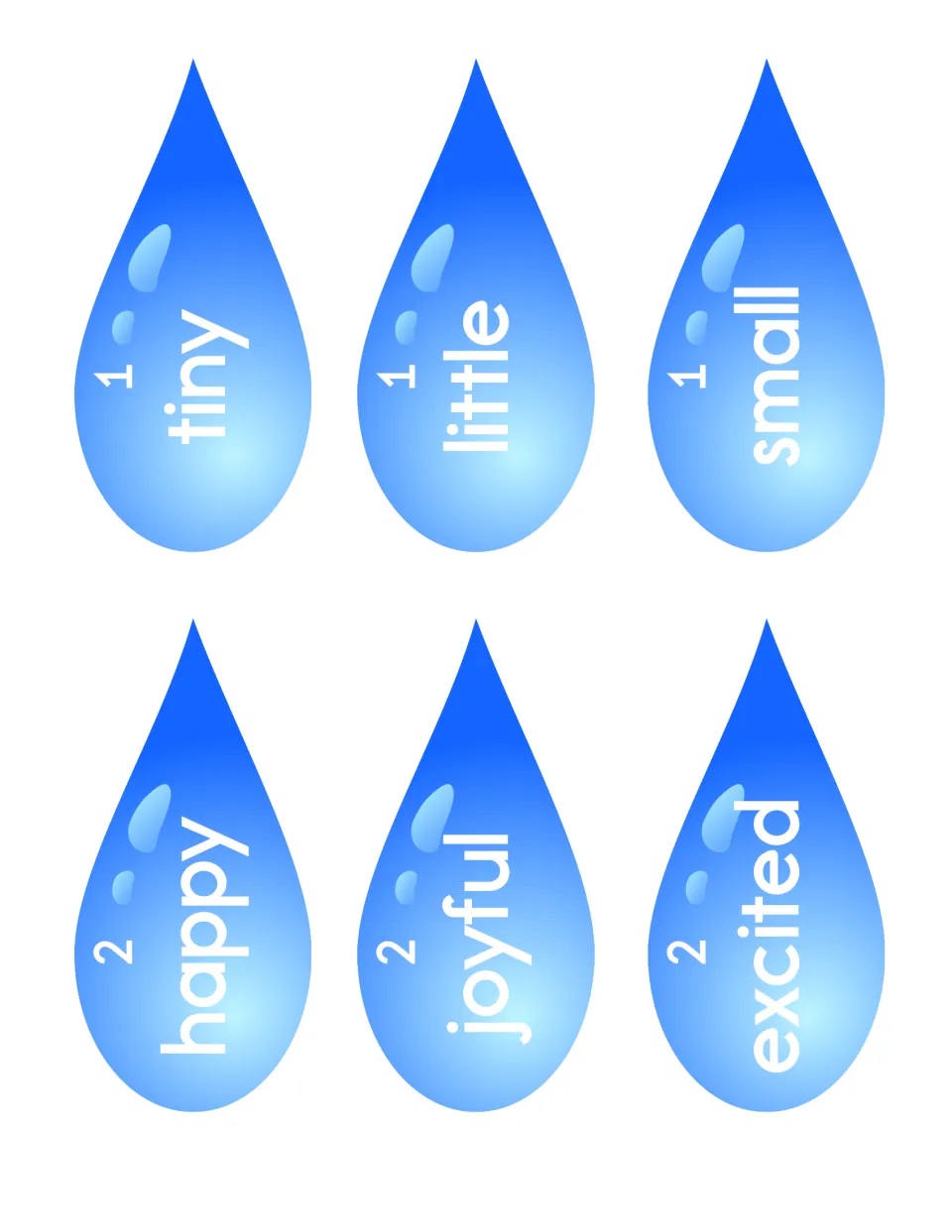 Raindrop cut-outs, sets 1 and 2: tiny, little, small and happy, joyful, excited, to sort from weakest to strongest