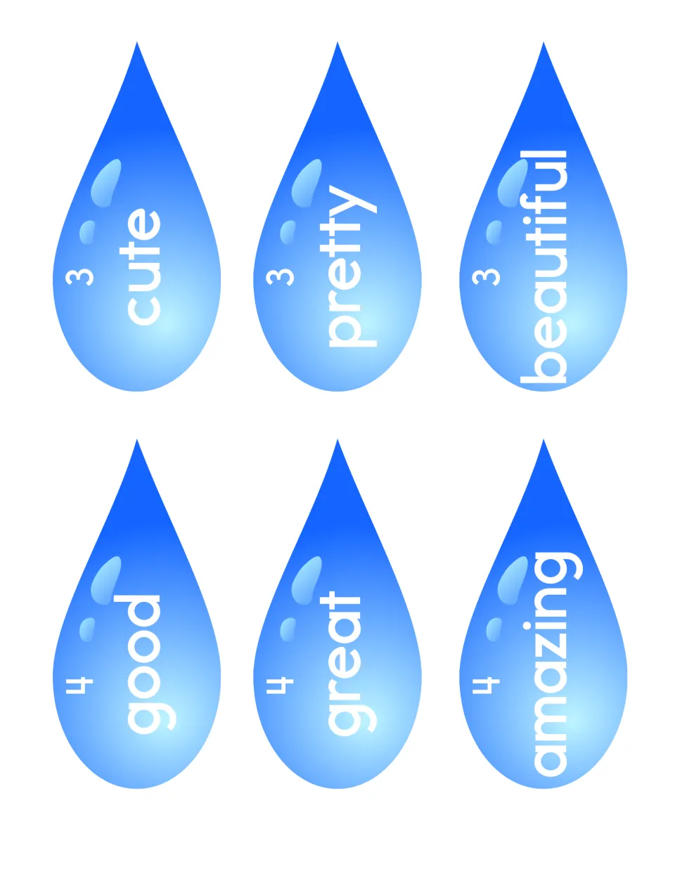 Raindrop cut-outs, sets 3 and 4: cute, pretty, beautiful and good, great, amazing, ranked by strength of meaning