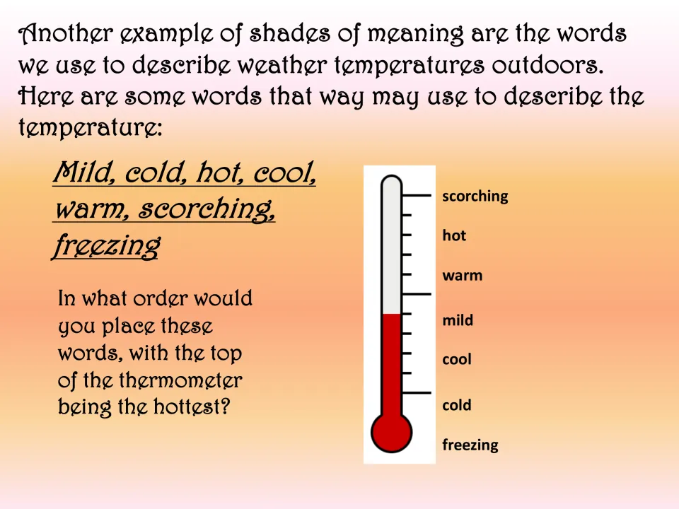 Temperature vocabulary slide orders freezing, cold, cool, mild, warm, hot, and scorching on a thermometer