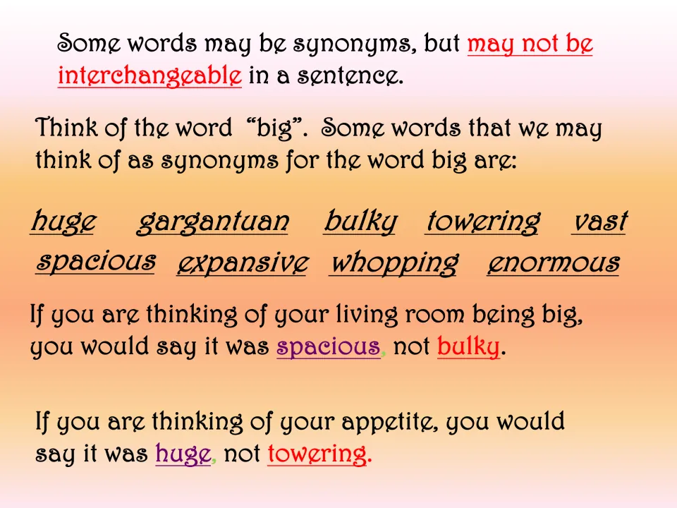 Synonym choice slide contrasts spacious with bulky for a living room and huge with towering for an appetite