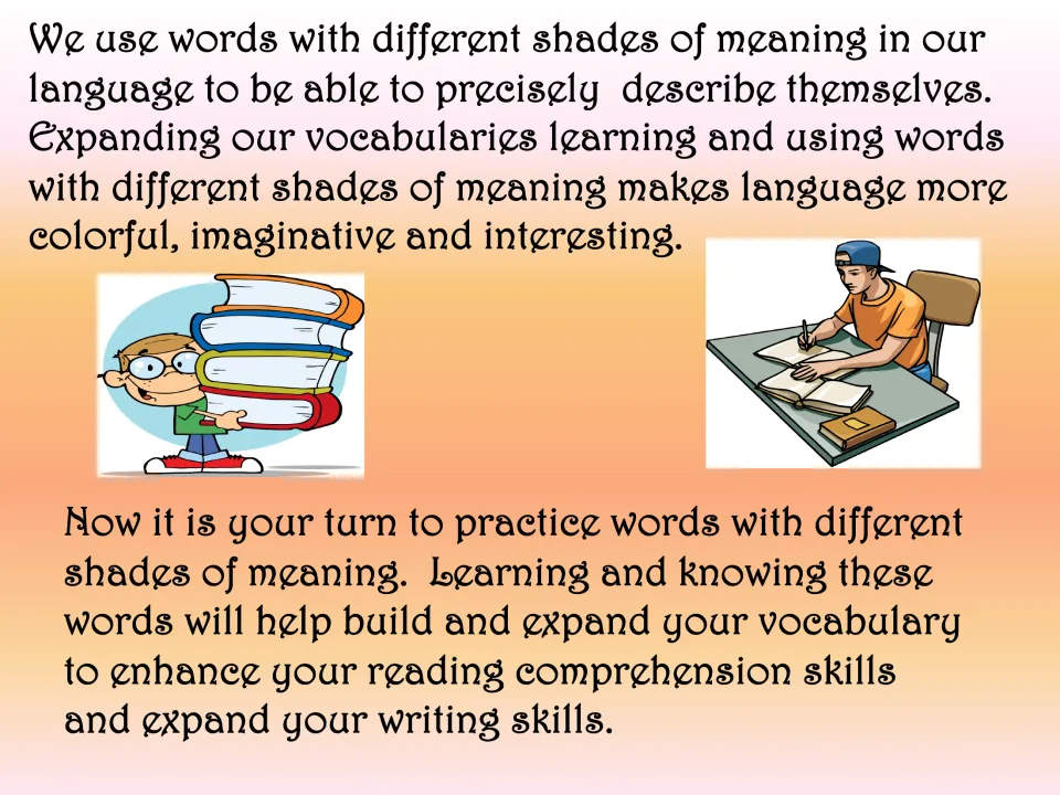 Closing lesson slide connects precise word choice to vocabulary, reading, and writing and introduces practice