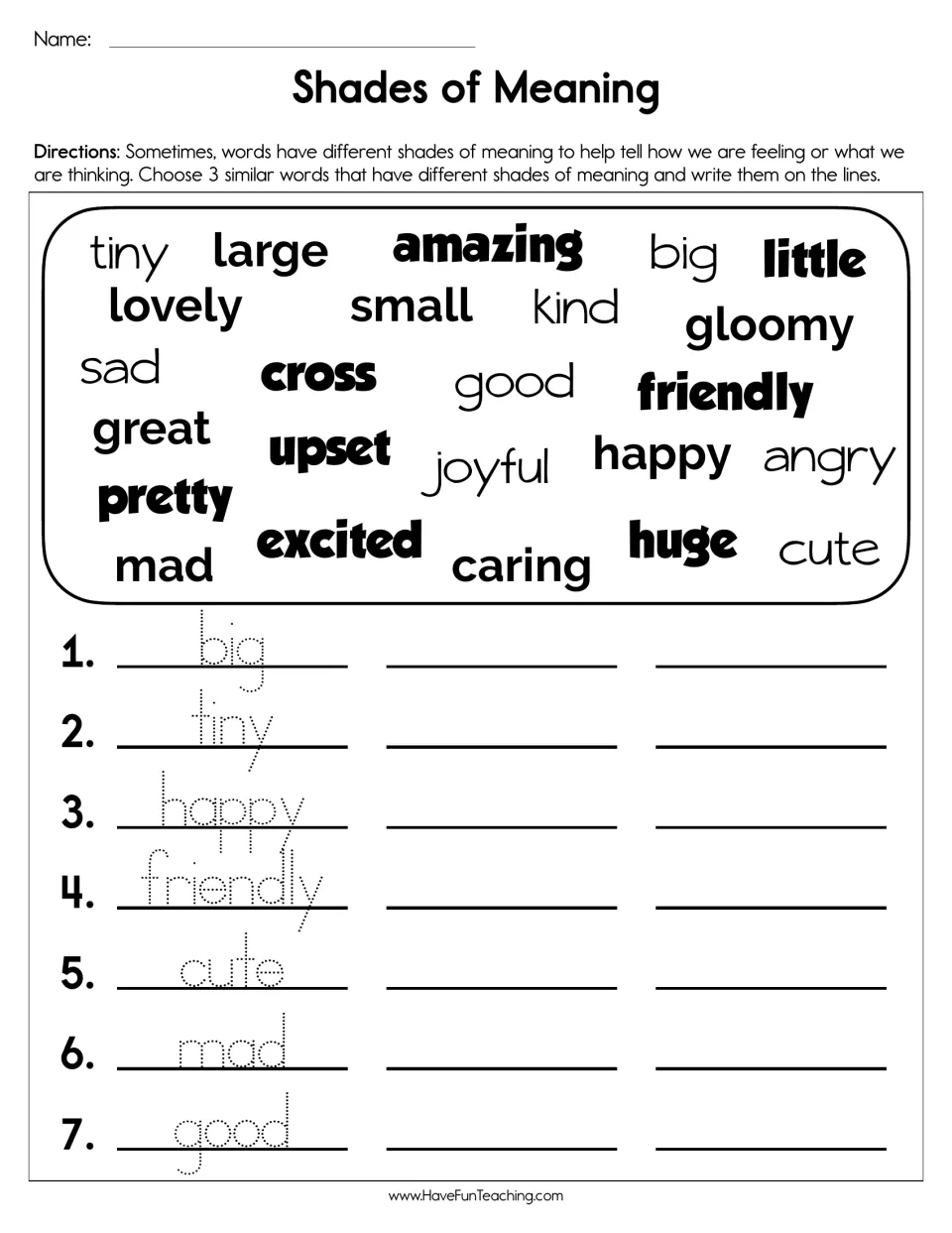 Shades of meaning: students sort a word bank into 7 sets of 3 similar words, starting from traced words like big and happy