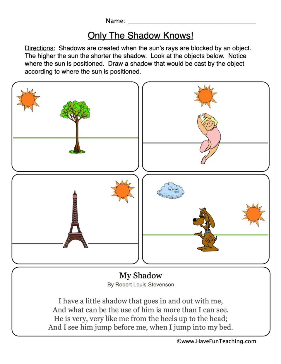 Only The Shadow Knows!: students draw the shadow of a tree, dancer, Eiffel Tower and dog based on where the sun sits