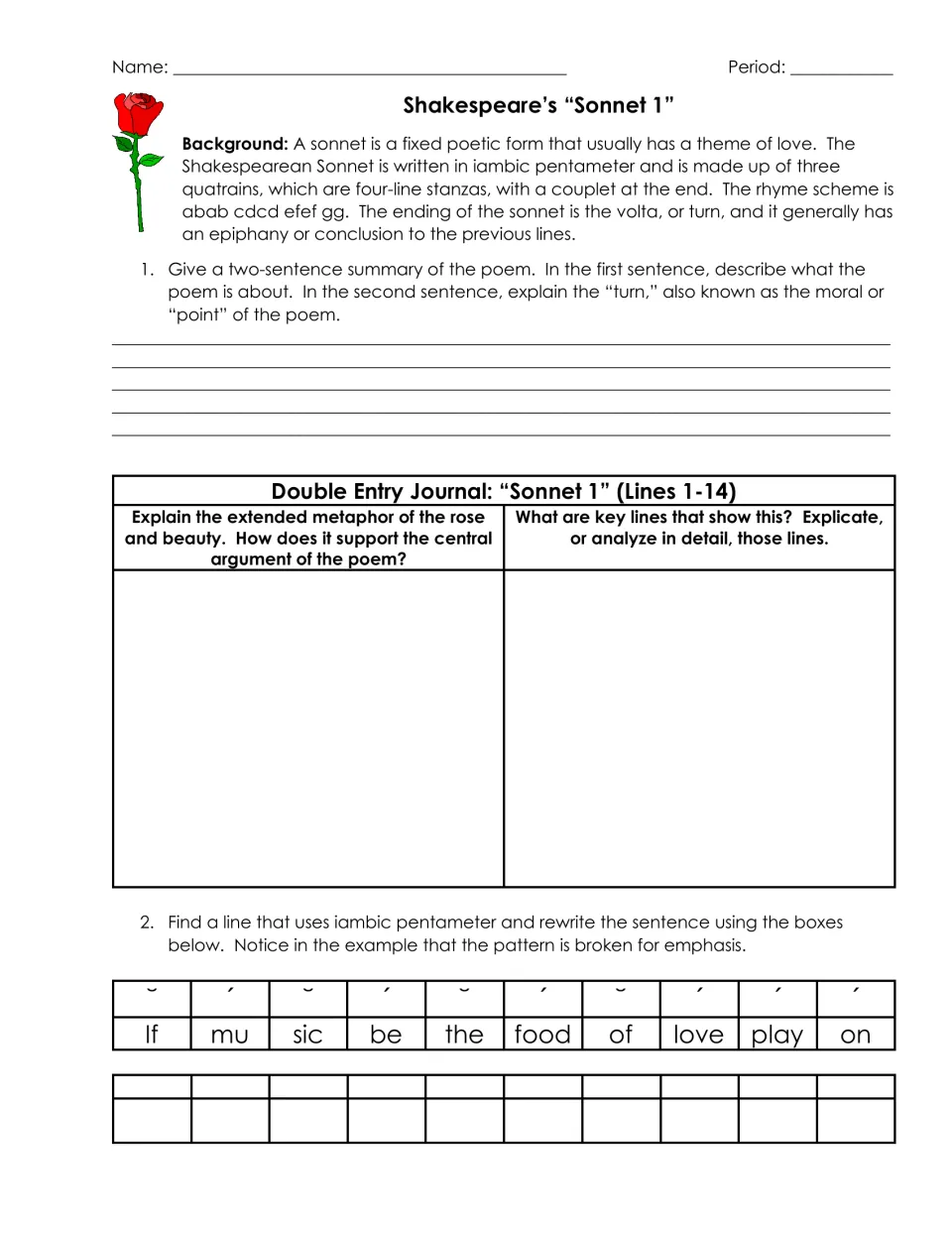 Sonnet 1: students summarize the poem, analyze the rose and beauty metaphor, and mark iambic pentameter stresses