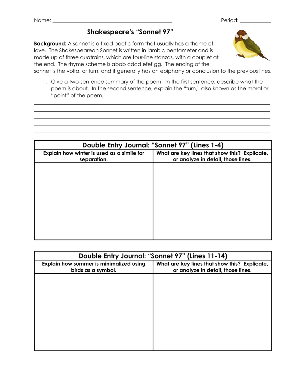 Sonnet 97: students summarize, explain winter as a simile for separation, and how birds as a symbol minimize summer