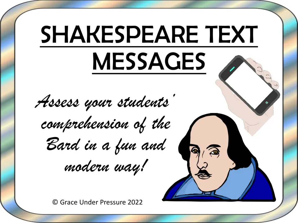 Shakespeare Text Messages cover: a comprehension activity on the Bard, shown with a Shakespeare portrait and a smartphone