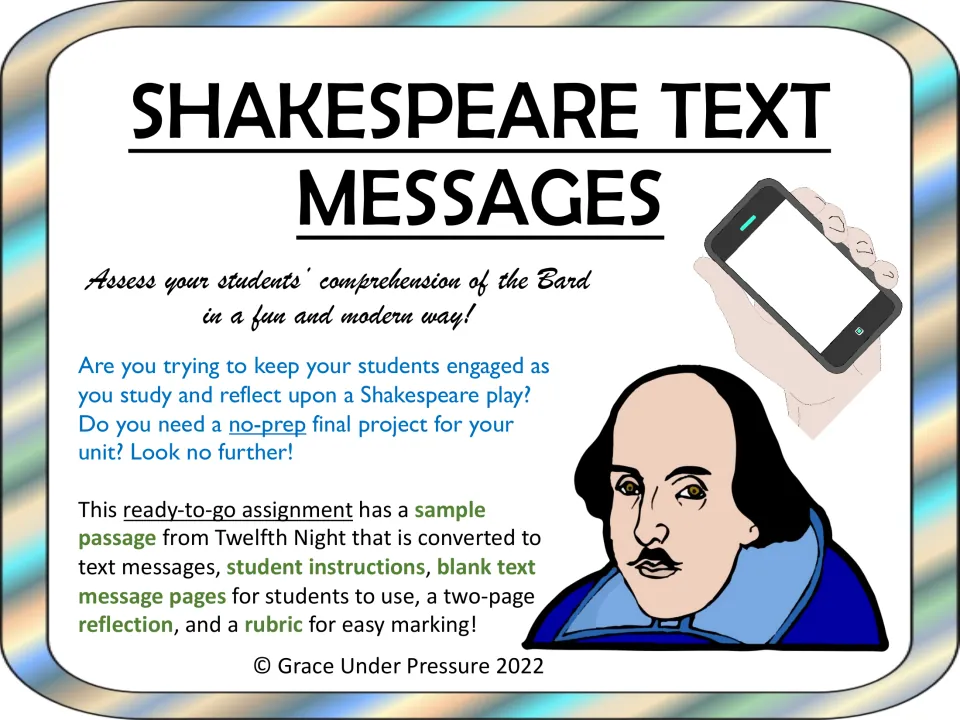 Overview of parts: Twelfth Night sample passage as texts, student instructions, blank text pages, reflection, rubric
