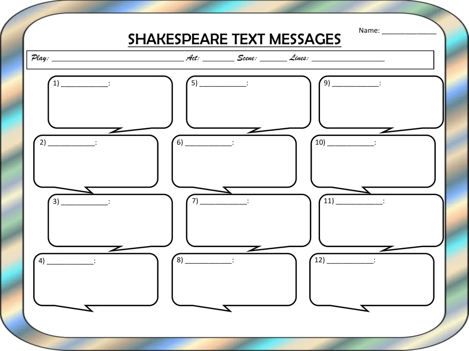 Blank texting template: students record play, act, scene and lines, then write speaker names and texts in bubbles 1-12