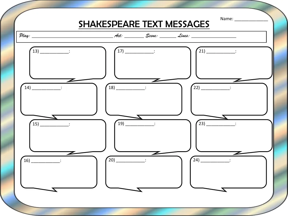 Continuation template with text bubbles numbered 13-24 for students to finish converting their scene into texts