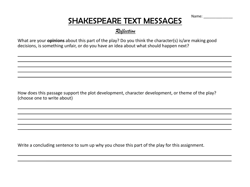 Reflection part 2: students give opinions, explain how the scene supports plot, character or theme, and write a conclusion