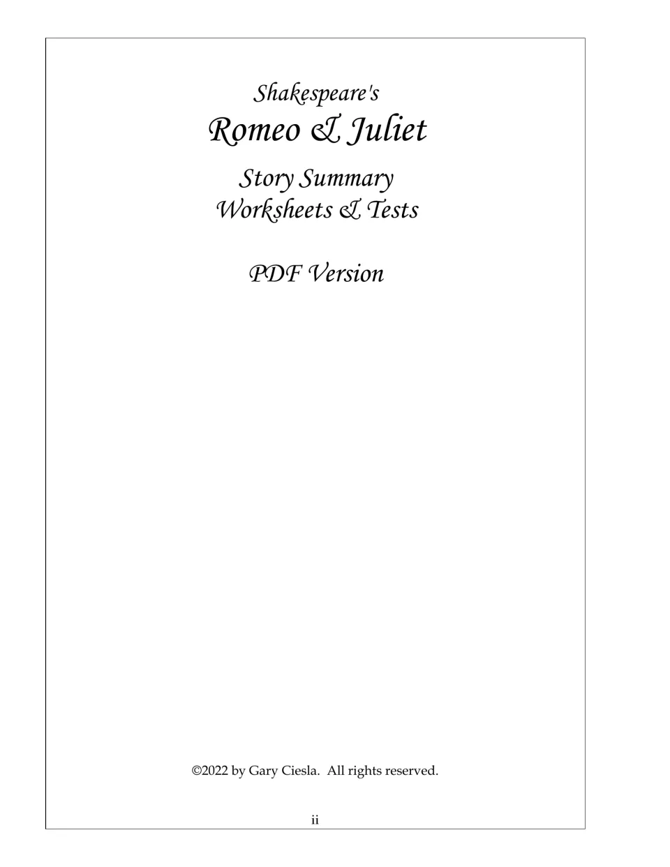 Inner title page repeating the story summary packet name and PDF Version, with a 2022 Gary Ciesla copyright notice