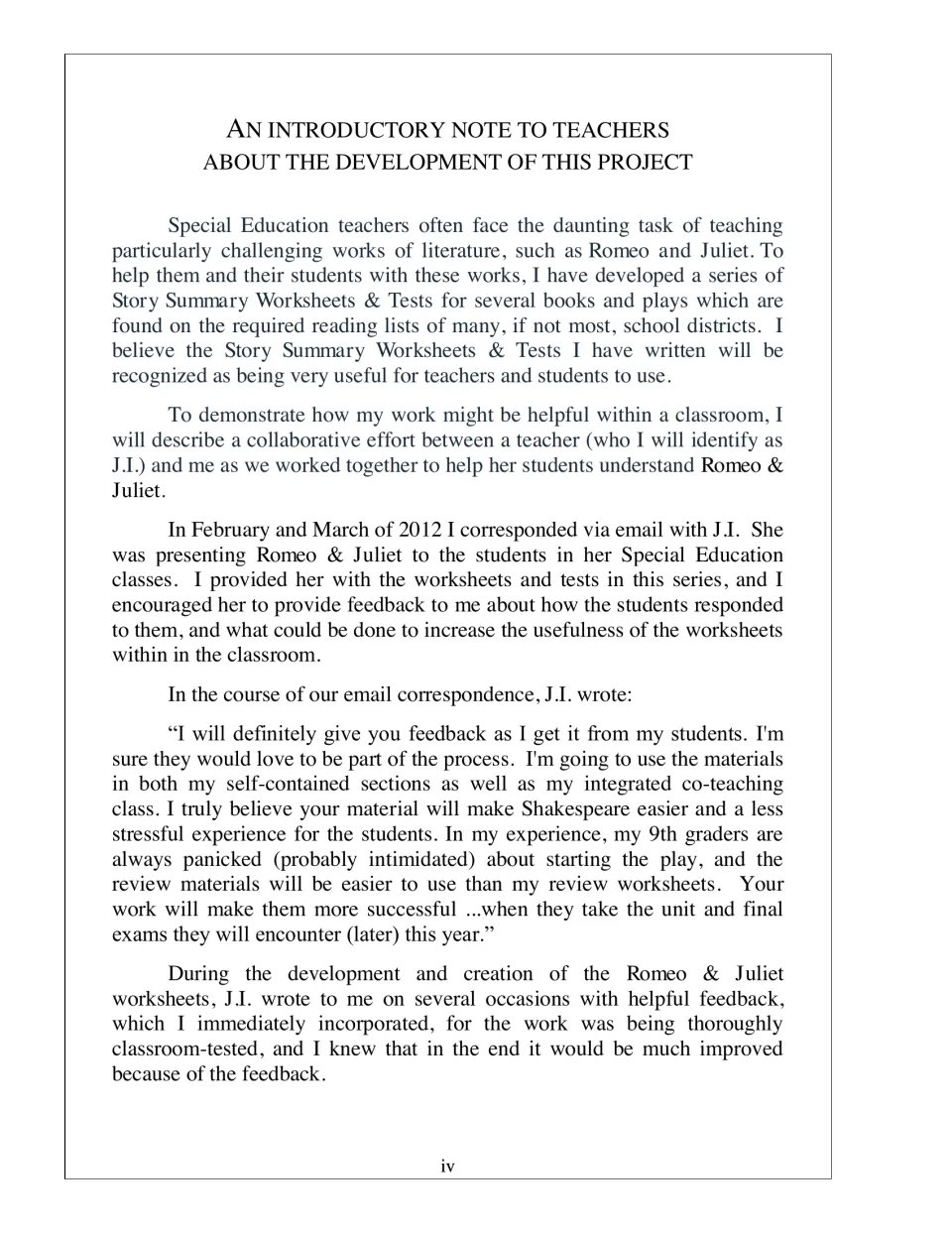 Introductory note to teachers on how the worksheets were developed with a Special Education teacher, J.I., in 2012