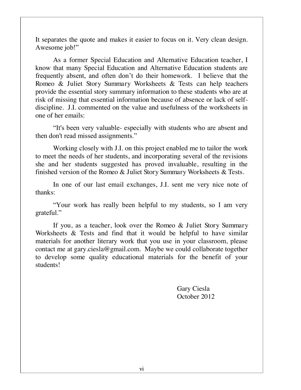 End of the teacher note on supporting absent students, J.I.'s thanks, and author contact, signed Gary Ciesla, October 2012