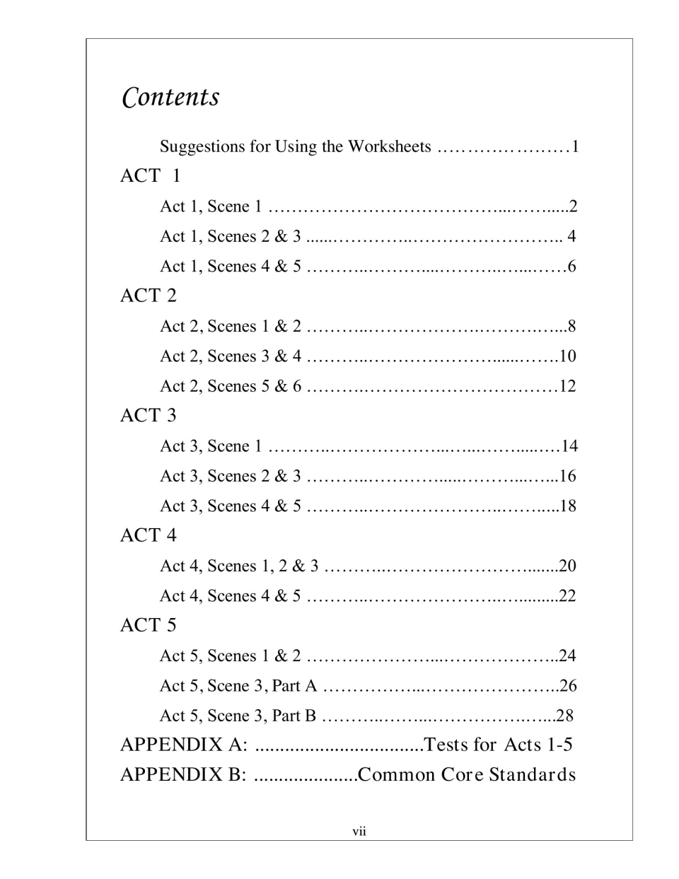 Contents listing summary worksheets for each scene of Acts 1 to 5, Appendix A tests for Acts 1-5 and Appendix B standards