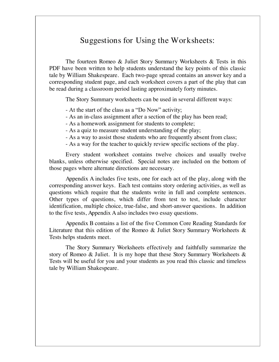 Suggestions for using the worksheets as Do Now, homework, quiz or review, plus notes on the five act tests and essays