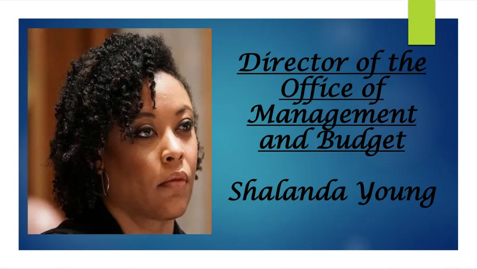 Biography cover introducing Shalanda Young as Director of the Office of Management and Budget, with her portrait