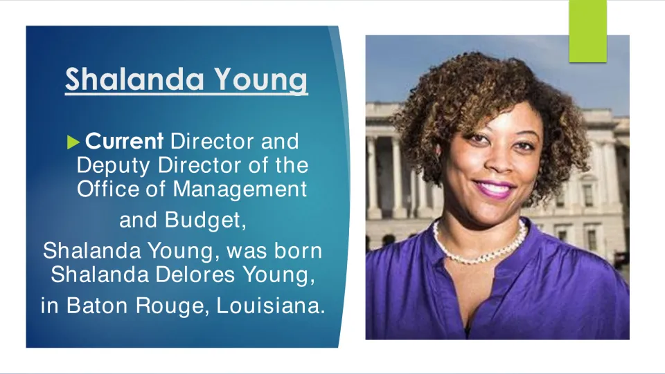 Biography slide giving Shalanda Young’s full name, Shalanda Delores Young, and birthplace of Baton Rouge, Louisiana