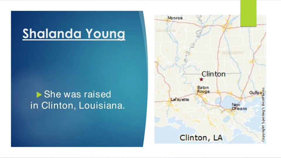 Biography slide stating Shalanda Young was raised in Clinton, Louisiana, alongside a map marking Clinton