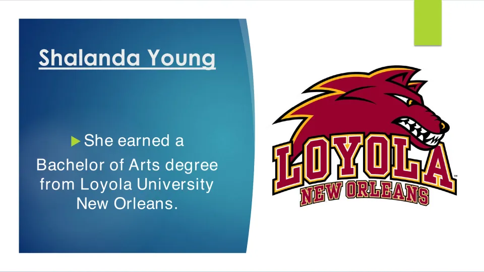 Education slide stating Shalanda Young earned a Bachelor of Arts degree from Loyola University New Orleans