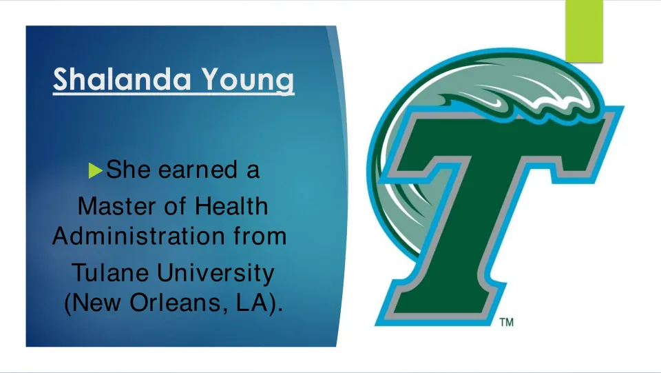 Education slide stating Shalanda Young earned a Master of Health Administration from Tulane University