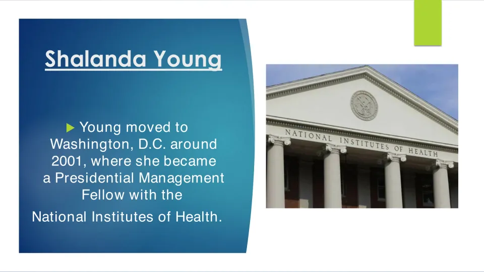 Career slide tracing Young’s move to Washington around 2001 and Presidential Management Fellowship at NIH
