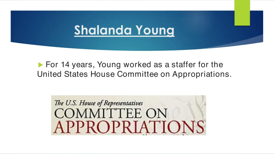 Career slide describing Shalanda Young’s 14 years as a staffer for the U.S. House Committee on Appropriations