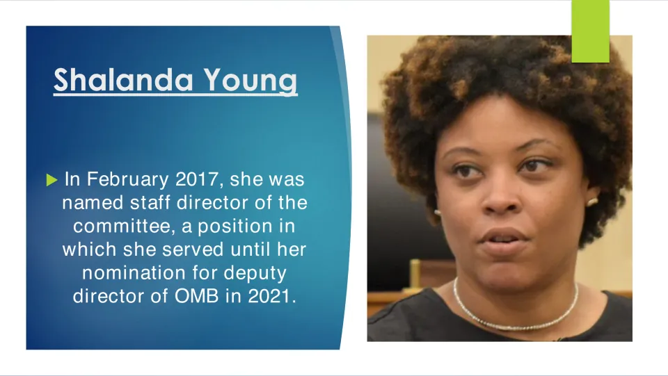 Career slide covering Young’s February 2017 appointment as committee staff director and 2021 OMB nomination