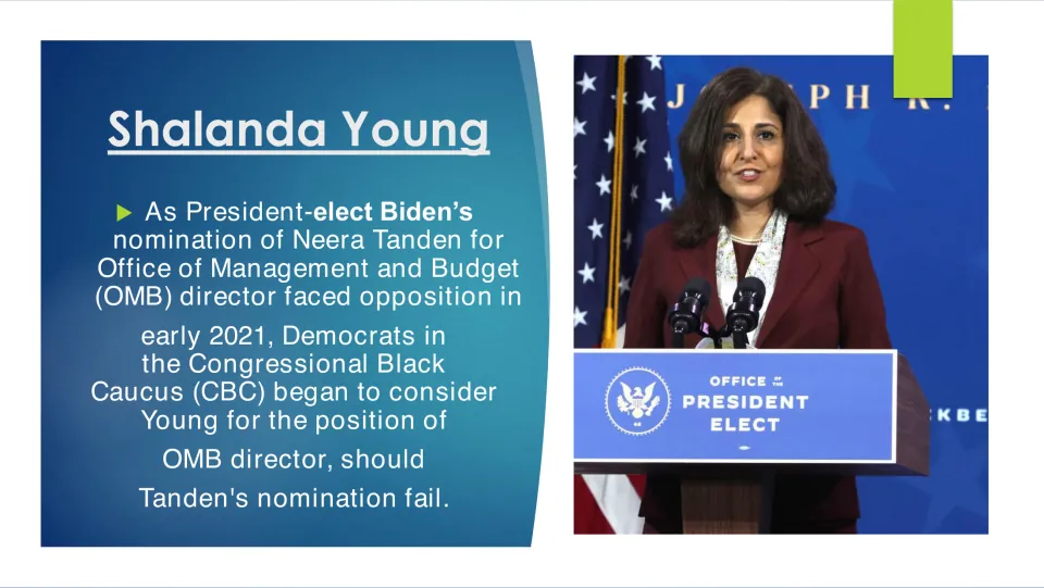 Career slide on Congressional Black Caucus Democrats considering Young for OMB as Neera Tanden faced opposition