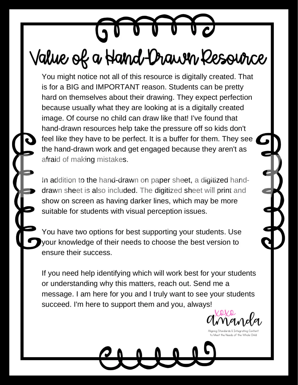 Teacher note explaining hand-drawn resources and a darker digitized version for students' visual needs