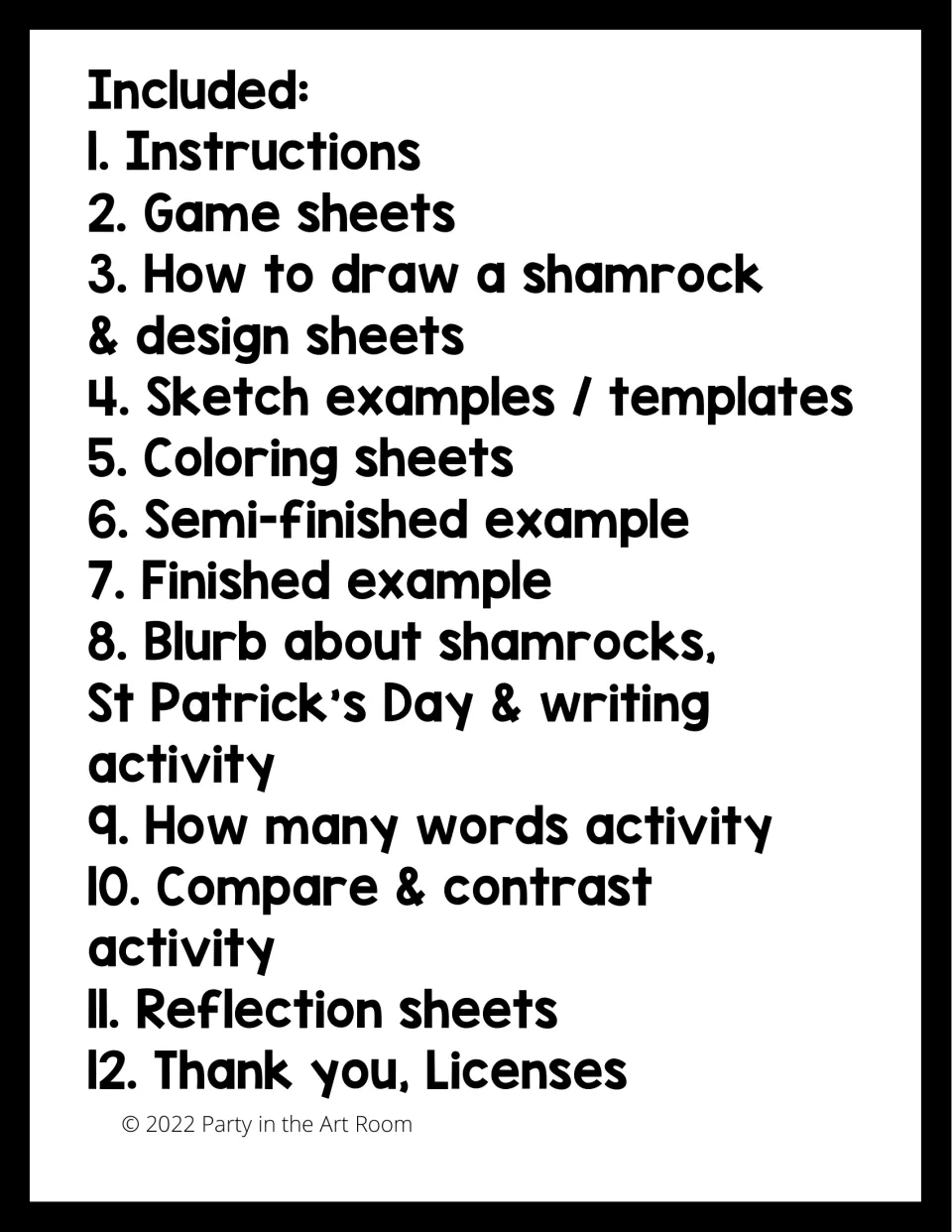 Contents list for the shamrock lesson: instructions, game sheets, drawing guides, templates, and eight more