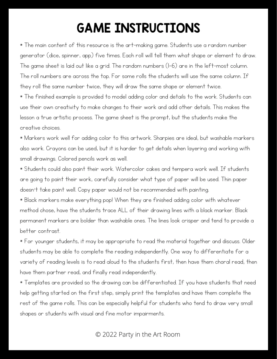 Shamrock art game instructions explain five rolls, coloring materials, black tracing, and template support