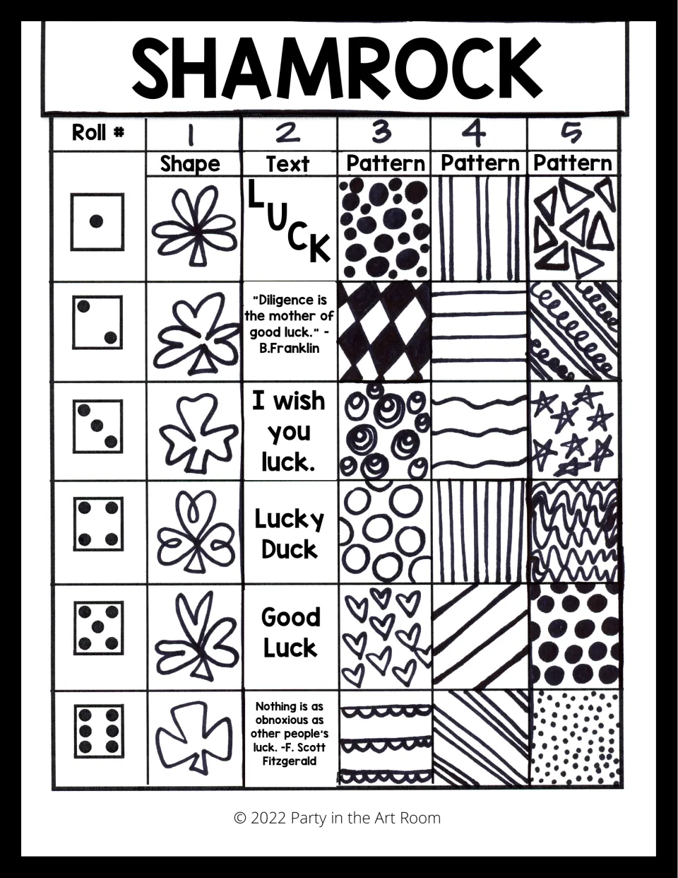 Shamrock game sheet uses five rolls to select a shape, luck-themed text, and three patterns from six choices