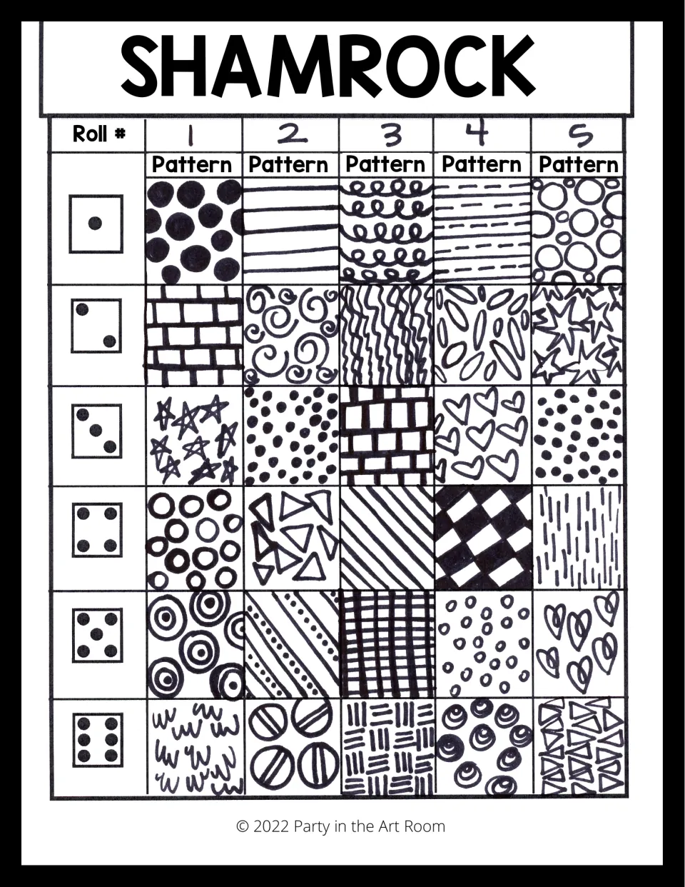 Shamrock pattern game sheet offers six choices for each of five rolls, including dots, spirals, and stripes
