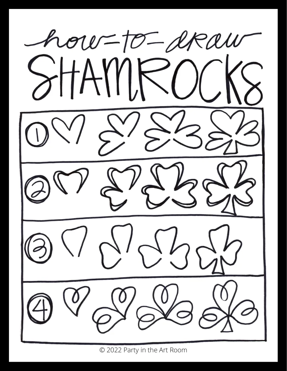 Shamrock drawing guide shows four styles, each built in four stages by adding three leaves and a stem