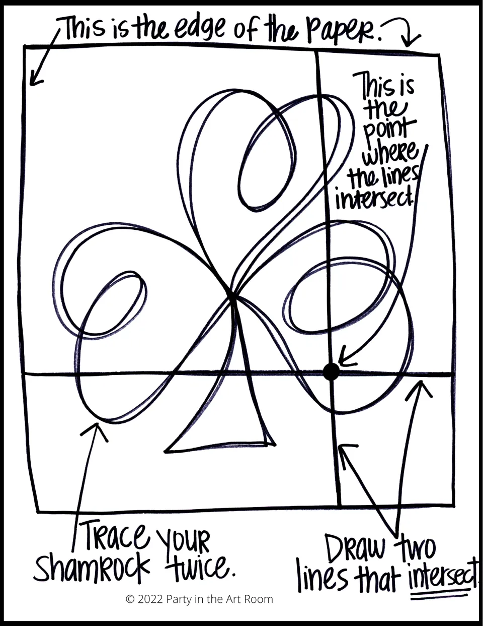 Shamrock design guide instructs students to trace the shamrock twice and draw two intersecting lines
