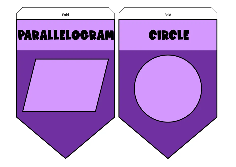 2D shape pennants for parallelogram and circle: each purple flag names the shape above a large drawing, with fold tabs