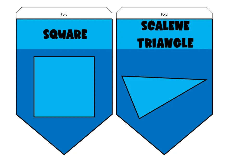 Square and scalene triangle pennants in blue, each naming the shape above a drawing of it, for identifying 2D shapes