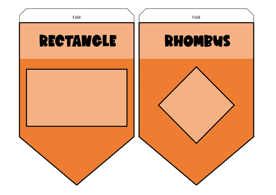 Rectangle and rhombus pennants in orange: each names the quadrilateral above a drawing, the rhombus tilted on its point