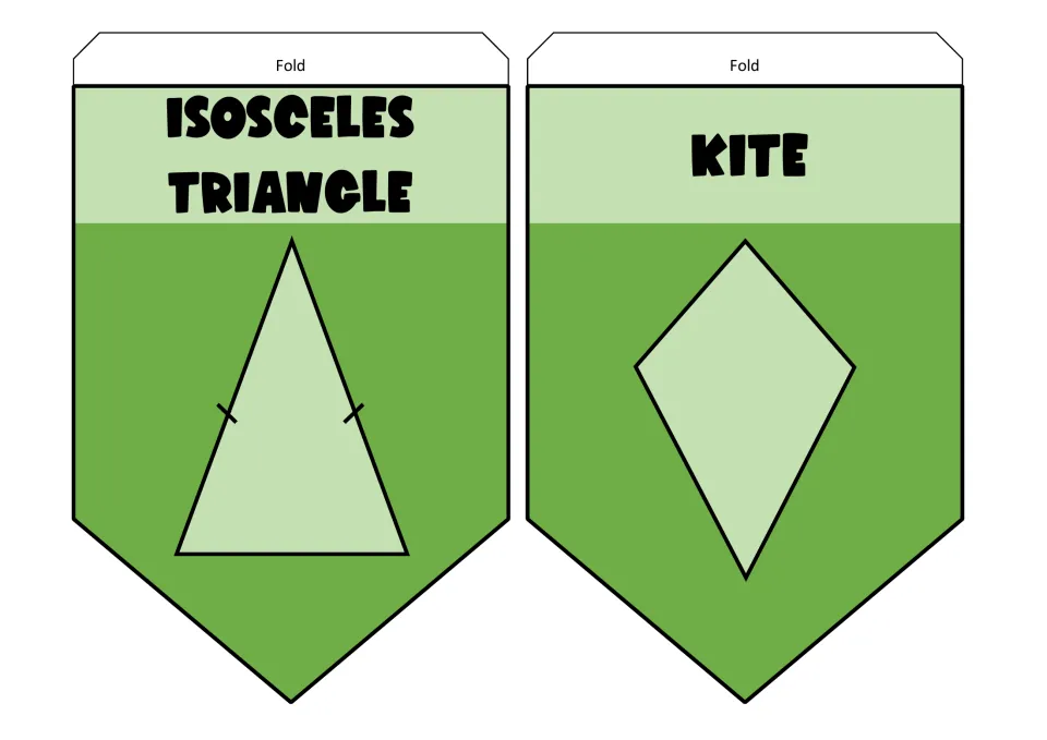 Isosceles triangle and kite pennants in green; the triangle shows tick marks on its two equal sides beside a kite drawing