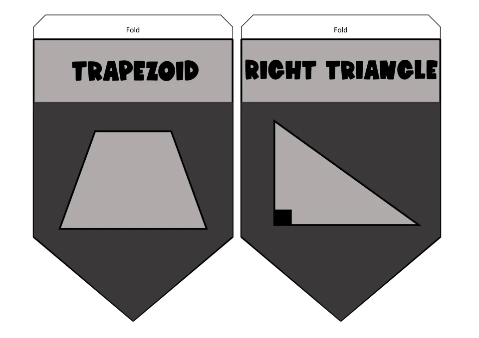 Trapezoid and right triangle pennants in gray: a trapezoid drawing and a right triangle with its square right-angle marker