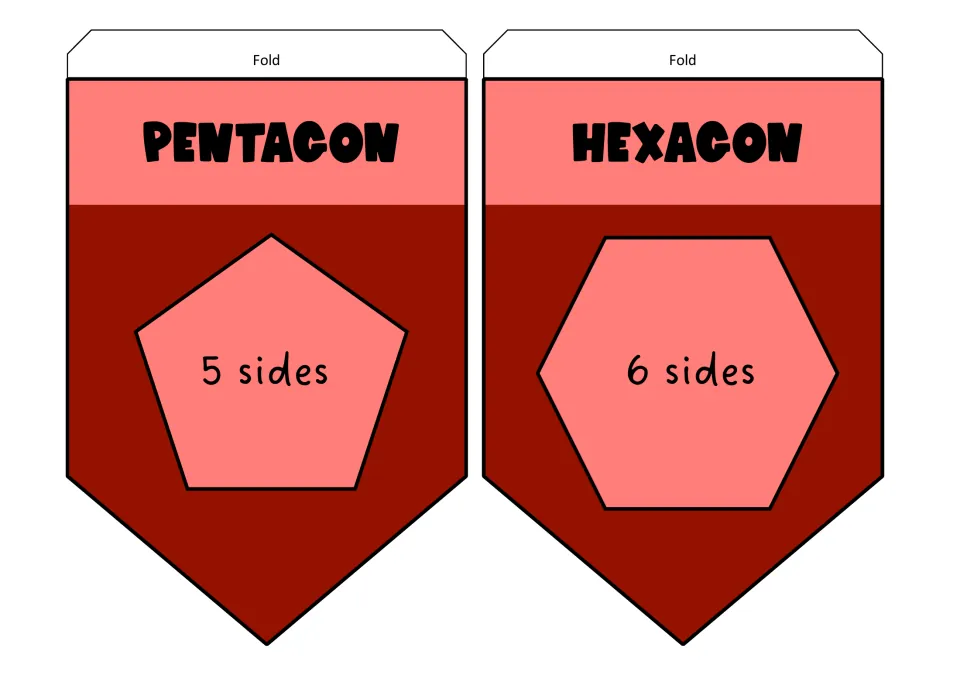 Pentagon and hexagon pennants in red, each polygon drawing labeled inside with its number of sides: 5 sides and 6 sides