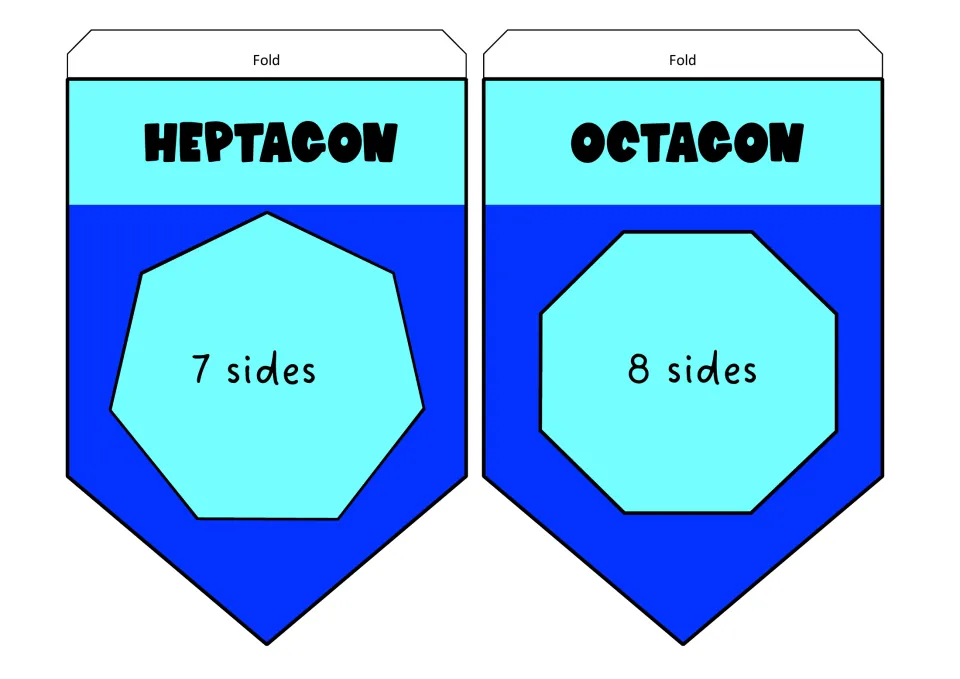 Heptagon and octagon pennants in blue, each polygon drawing labeled inside with its side count: 7 sides and 8 sides