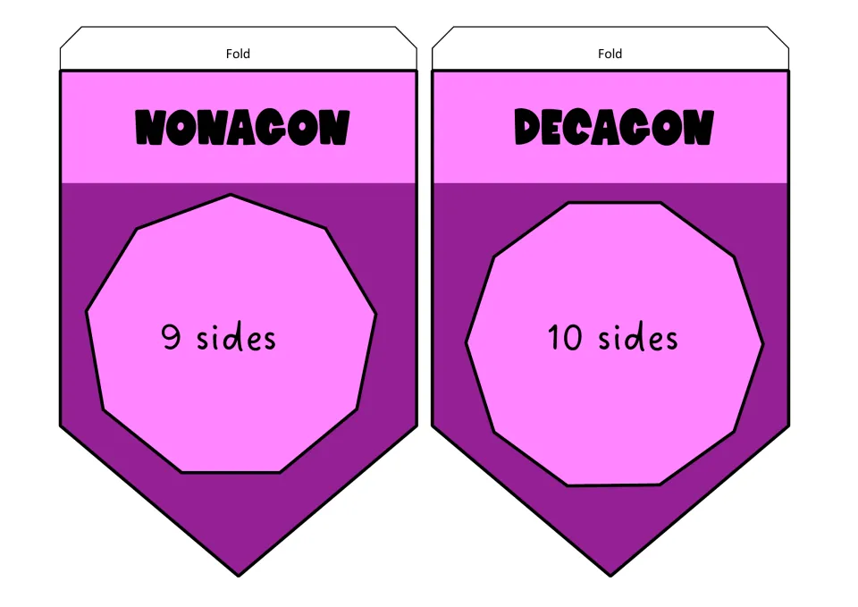 Nonagon and decagon pennants in magenta, each polygon drawing labeled inside with its side count: 9 sides and 10 sides