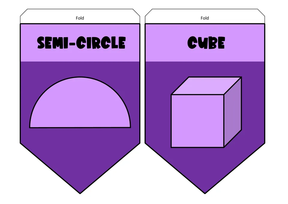 Semi-circle and cube pennants in purple: a half-circle drawing beside a 3D cube, moving from flat shapes to solids