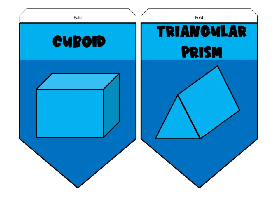 3D solid pennants for cuboid and triangular prism in blue, each naming the solid above a shaded drawing, with fold tabs